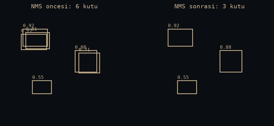 Raw detector candidates before and after confidence filtering and NMS